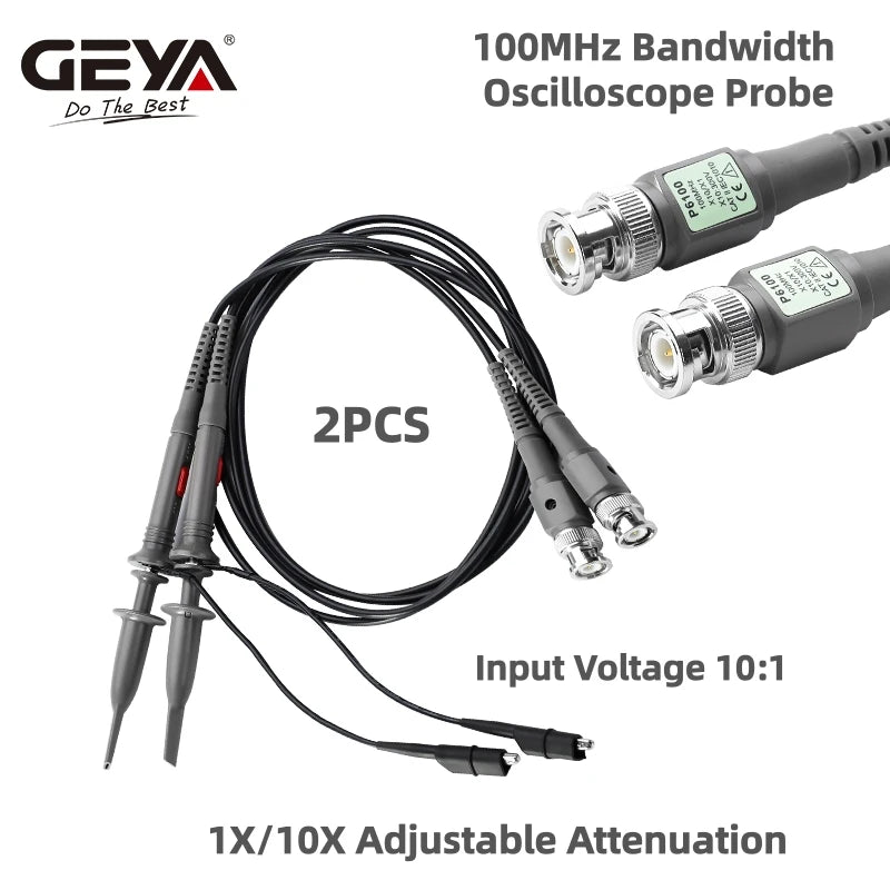 GEYA 2 Pcs 100 MHz Oscilloscope Probe 1X/10X Adjustable Attenuation Switch BNC Clip Test Lead Input Voltage10:1 Scope Probe Kit