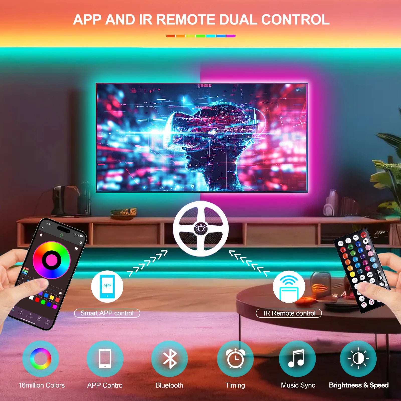 Smart 2IN1 USB LED Strip Lights RGB 5050 Remote Control Kit Flexible Ribbon LED Diode Tape Self-adhesive for TV Backlight