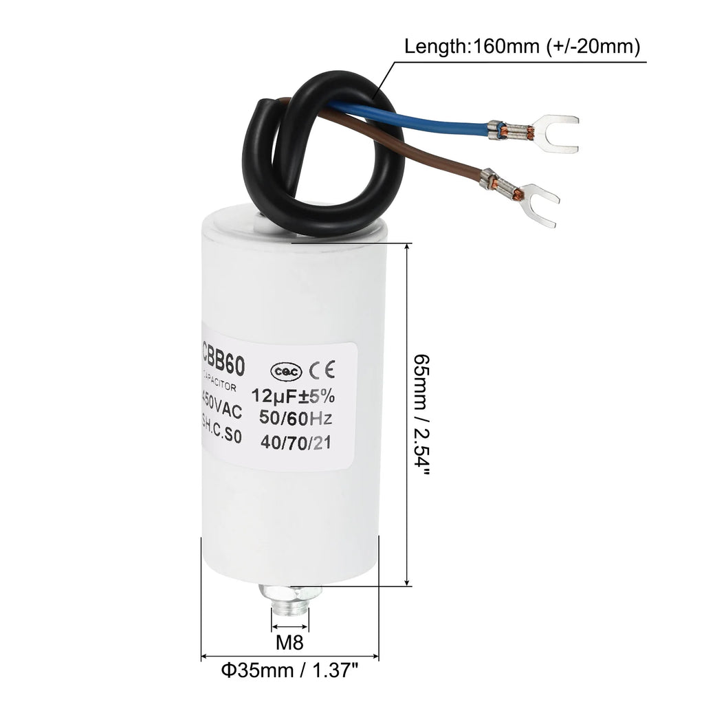 5-22uf CBB60 Run Capacitor AC 450V U Terminal Wires 50/60Hz Cylinder Bottom with M8 Screw for Washing Machine Pump Motor Star