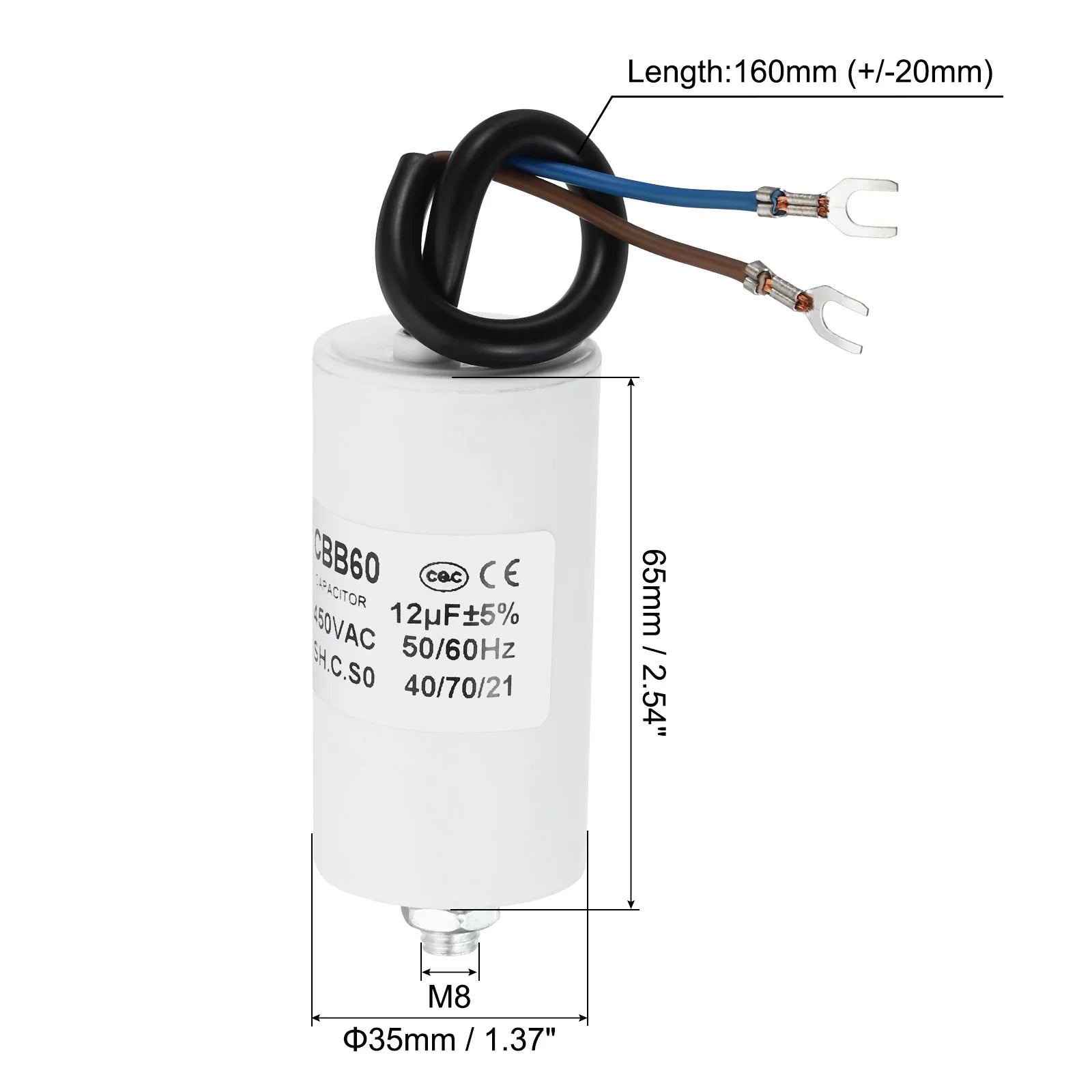 5-22uf CBB60 Run Capacitor AC 450V U Terminal Wires 50/60Hz Cylinder Bottom with M8 Screw for Washing Machine Pump Motor Star