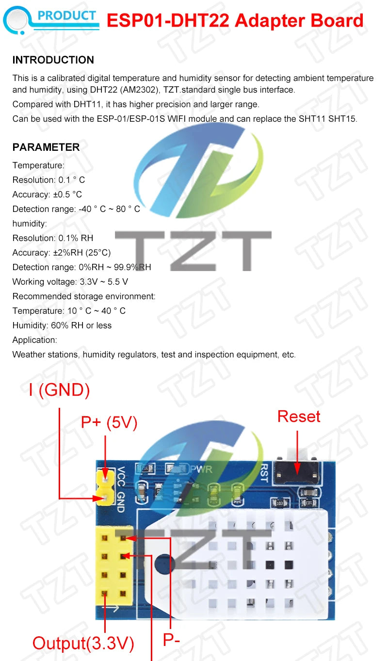 TZT DHT22 AM2302 Temperature Humidity Sensors Module ESP8266 WIFI interface Board ESP8266 ESP-01/01S Adapter Replace