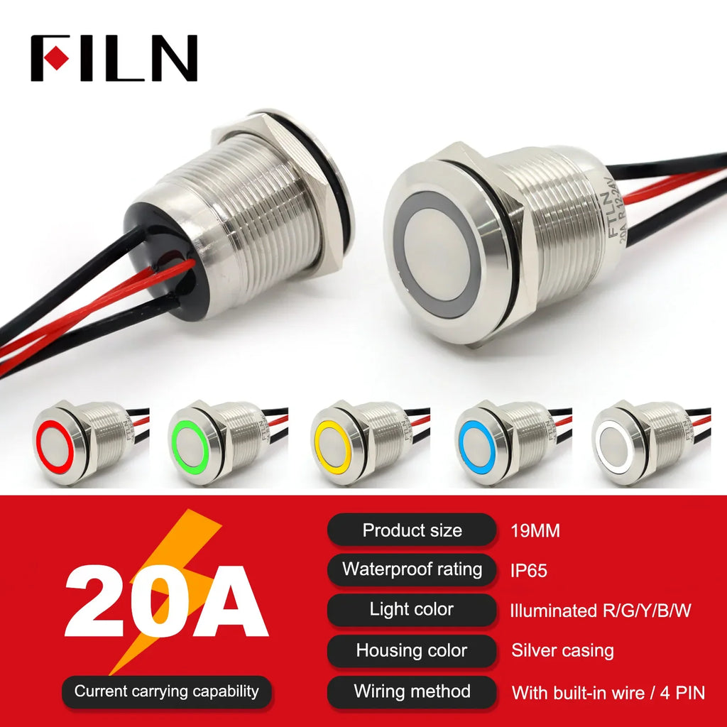 High Current 19mm 22mm 20A 12V 24V 110V 220V IP68 Waterproof Flat Ring Round Push Button Switch Metal Stainless Steel 20cm Wire