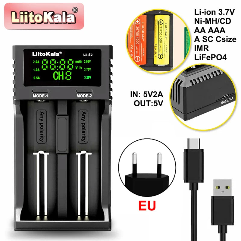 LiitoKala Lii-S2 Multi-Compatible Charger - Supports AA, AAA, 18650, 26650 Lithium Ion Batteries