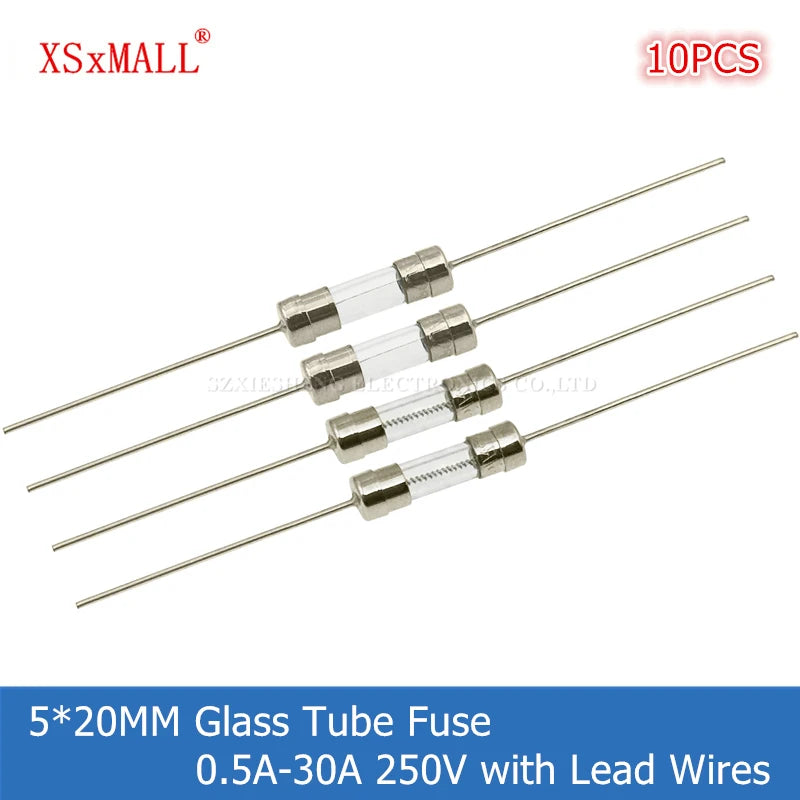 10PCS 5*20MM Fast Blow/Slow-Blow Glass Tube Fuse with Lead Wires 0.5A 1A 2A 3A 4A 5A 6A 7A 8A 10A 12A 15A 20A 30A 250V