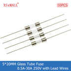 10PCS 5*20MM Fast Blow/Slow-Blow Glass Tube Fuse with Lead Wires 0.5A 1A 2A 3A 4A 5A 6A 7A 8A 10A 12A 15A 20A 30A 250V
