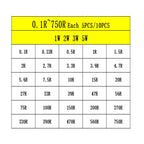 300PCS 150PCS 1W 2W 3W 5W 5% Resistor Kit 30values X 10PCS Carbon Film Resistance 0.1-750 ohm Set 1k-820K 30values X 5PCS