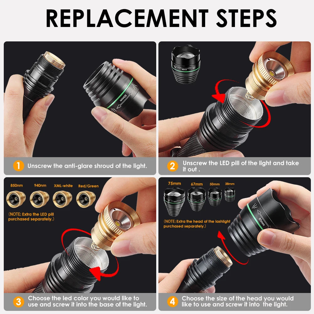 UniqueFire 1508 T38 T50 T67 T75 IR 850NM 5W LED Hunting Flashlight 3 Mode Zoom Night Vision Torch + Rat Tail Mount + USB Charger