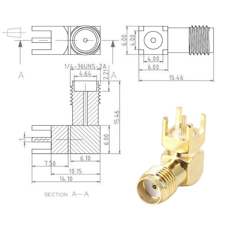 50Pcs Brass SMA PCB Female Connector 90 Degree Angle Gold-Plated RF Socket RP-SMA PCB Mount 4 Pins Stand