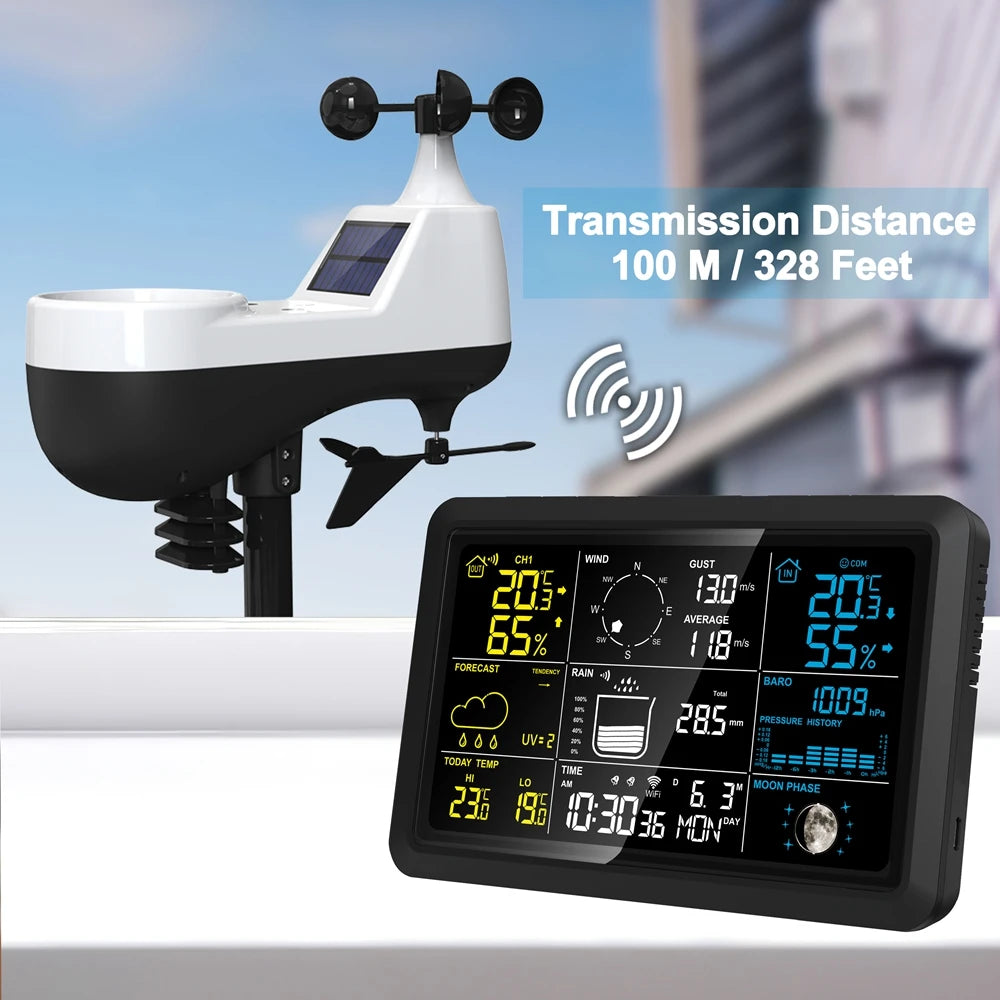 Tuya Wireless Weather Station Auto Alarm Clock Calendar Thermo-Hygrometer UV Wind Rainfall Gauge Solar Panel Forecast Sensor