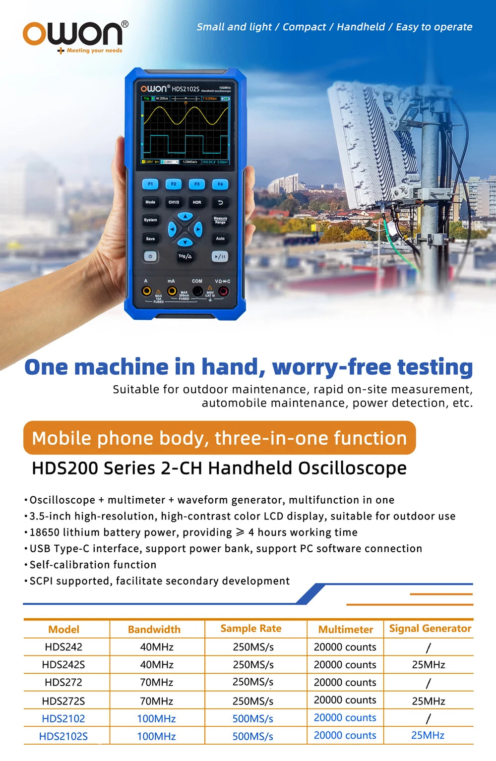 OWON HDS2202S 2102S Digital Oscilloscope 2Channels 200Mhz 1GSa/s Portable 3in1 USB Osiclloscopes + Multimeter+Waveform Generator