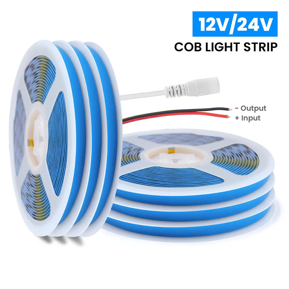 DC 12V 24V COB LED Strip Light 320 480 528 LEDs Flexible Tape High Density Linear Lighting Warm White 8mm PCB 0.5m 1m 2m 5m 10m