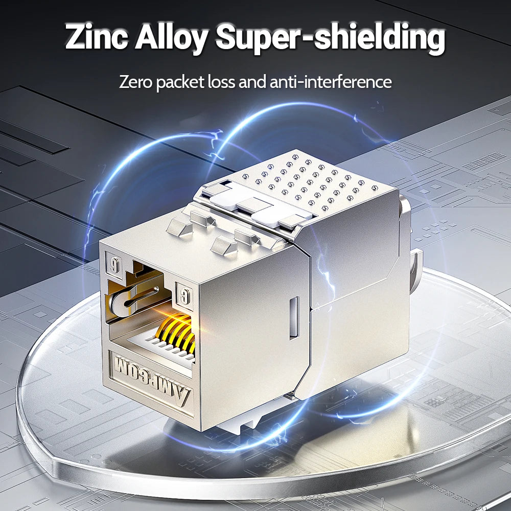 AMPCOM Pro+ Cat7/6A/6 Shielded Keystone Jack Zinc Alloy Toolless RJ45 Connector with 50u Gold Plated Pins for High-Speed Network