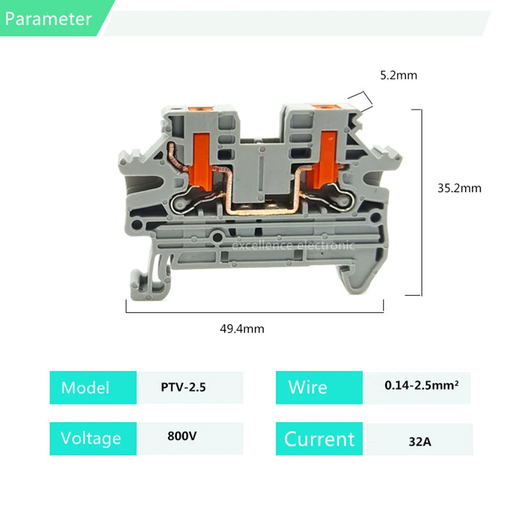 10Pcs/lot PTV2.5 DIN Rail Terminal Block Side Entry Push-in Connection 2.5mm² 12AWG Cable Wiring Electrical Wire Connector