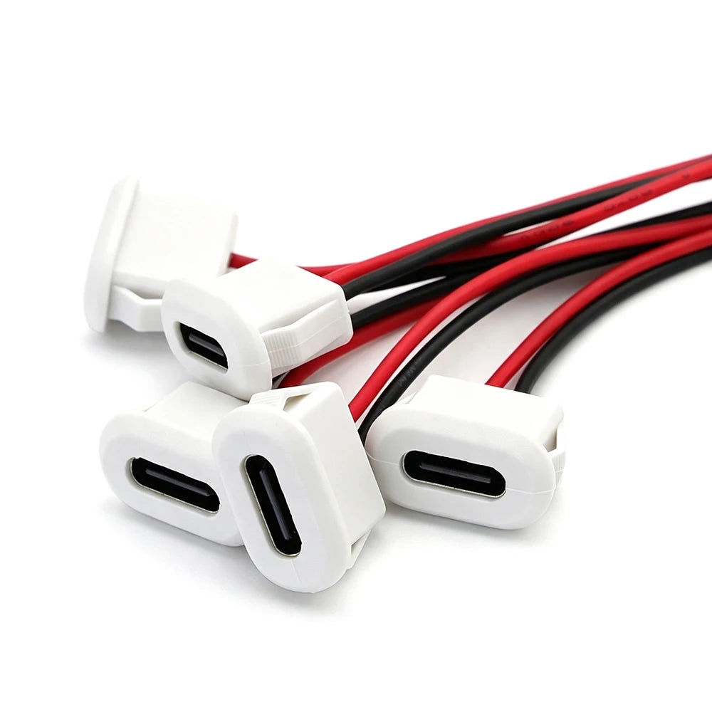 10PCS Type-C Female Chassis 2Pin Connector Waterproof Type-C Female Socket Fast Charging Port USB-C 2P Pigtail Cable DIY