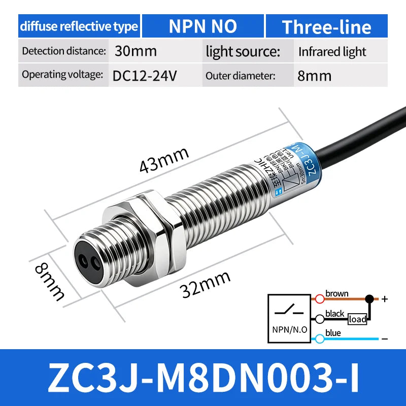 ZHICAN ZC3J M8 M12 M18 Infrared Photoelectric Sensor Diffuse Reflective Adjustable Sensing Distance NPN PNP NO NC