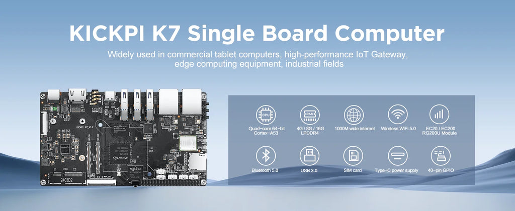 KICKPI K7 RK3576 4GB RAM 32GB eMMC 8-Core Single Board Computer 6TOPS NPU Mali-G52 GPU Android 14 Linux AI Development Board