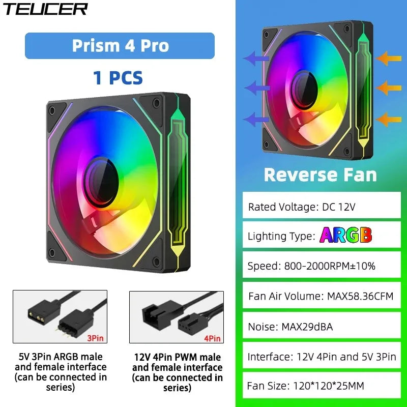 TEUCER Prism4 Forward/Reverse Fans 120MM 5V 3PIN ARGB 12V 4PIN PWM  2000RPM Hydraulic Bearing Design Stable&Quiet For Gamer