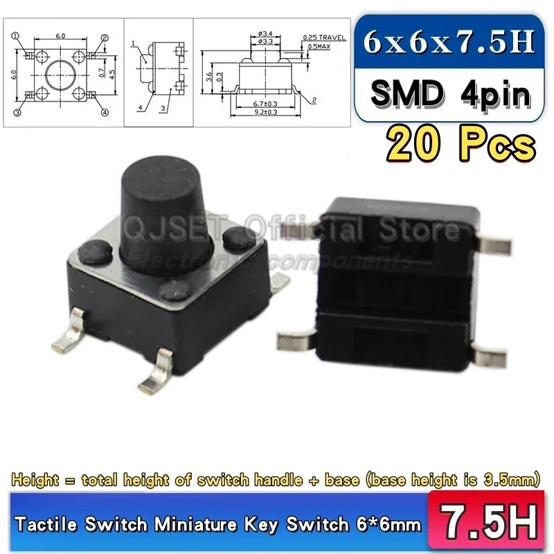 20pcs SMD Tactile Switch 6*6*4.3mm 6x6x5/6/7/8/9/10/11/12/13/14mm 6X6 4-Pin SMT Induction Oven Touch Tactile Button Micro Switch
