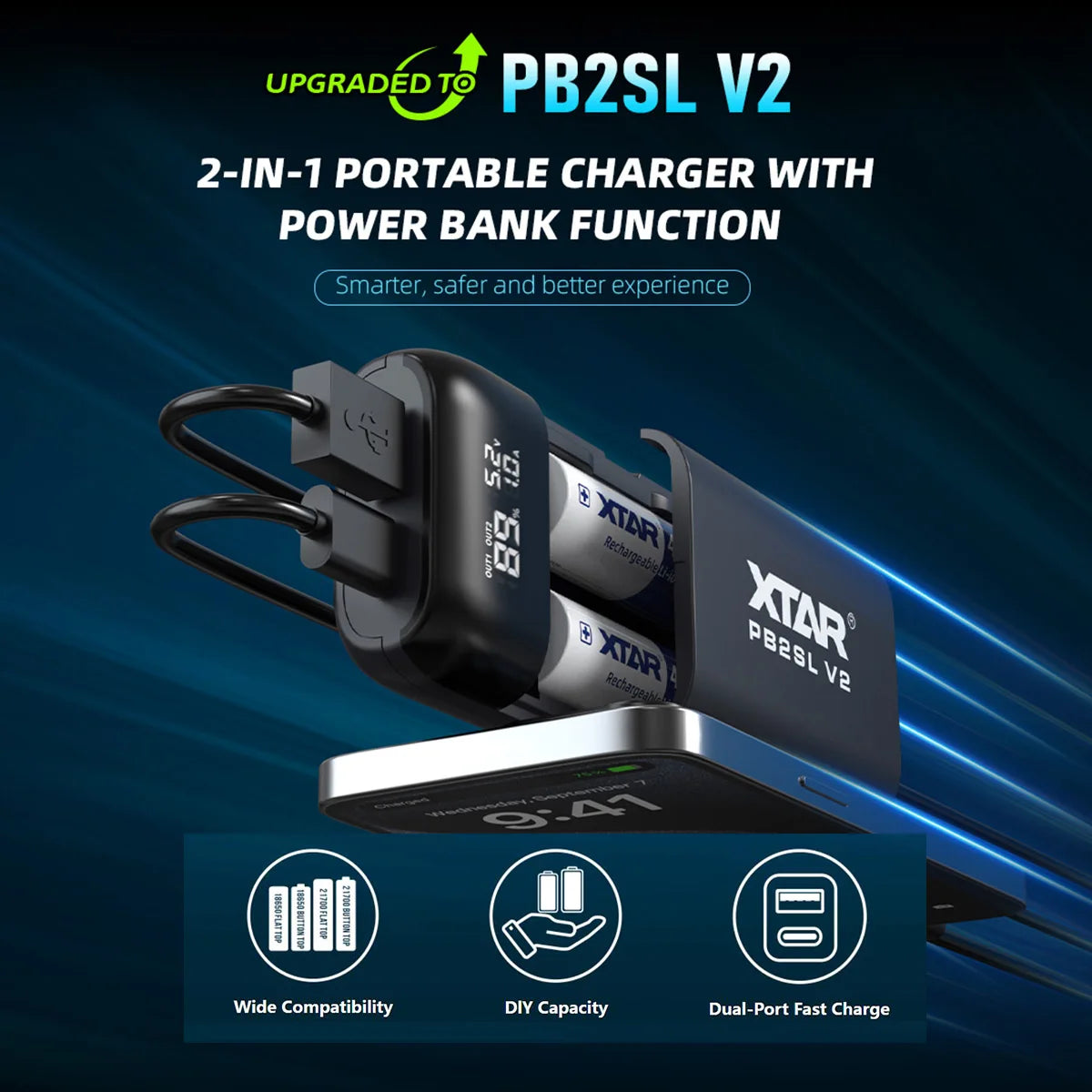 XTAR PB2SL V2 18650/21700 Battery Charger & Power Bank Fast Charging Smart Management Dual Function Safe Portable Solution