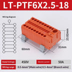 Push-in Terminal Block PTF6X2.5mm One in Multiple Out Splitter Spliceable Wire Connectors DIN Rail Junction Box Electrical Joint