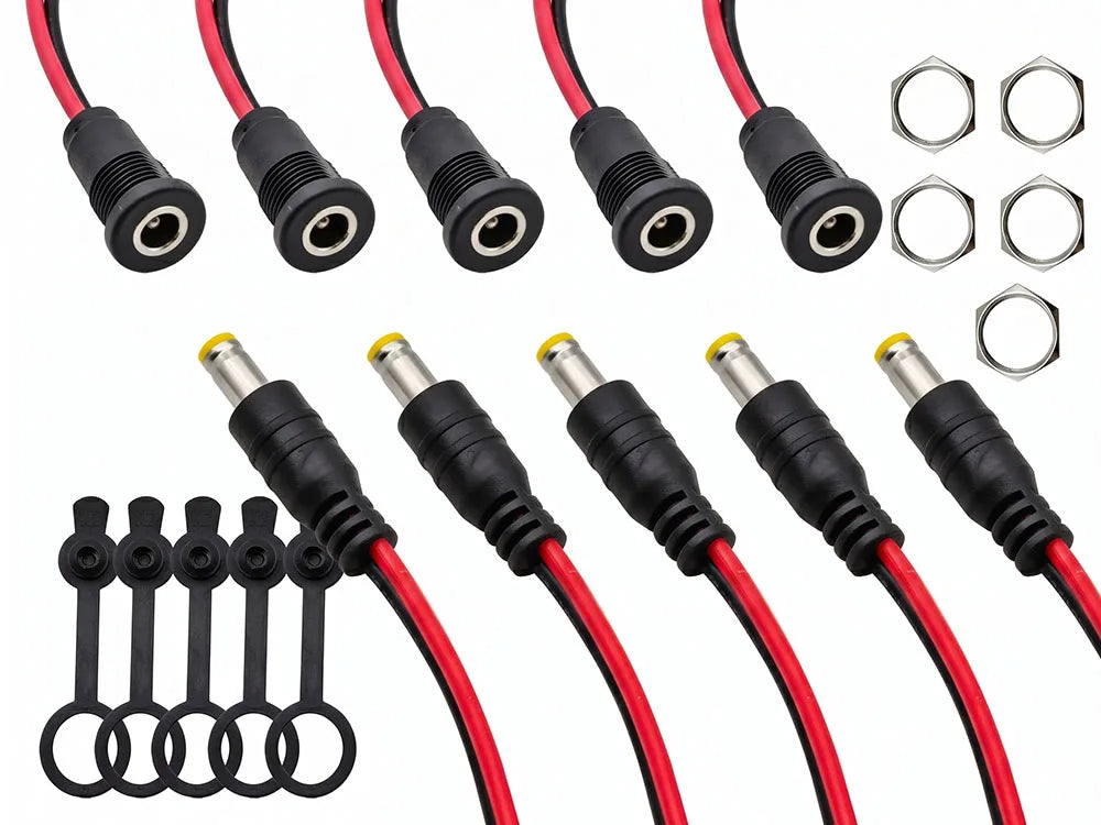 5.5 x 2.1mm 5.5 x 2.5mm DC Power Male Plug DC-099 DC Socket Threaded Panel Mount Female Connector Adapter With 20AWG Cable Wires