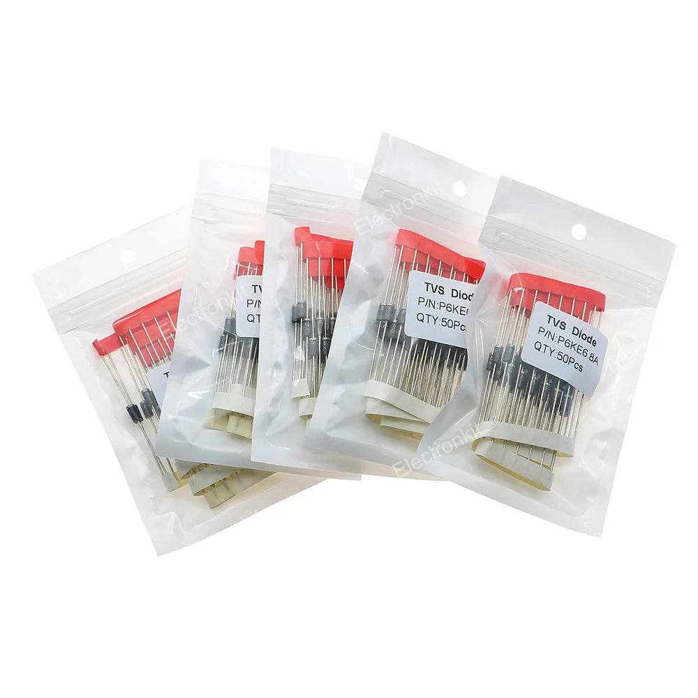 50pcs/lot P6KE6.8A-P6KE220A P6KE Series TVS Diode Unidirectional Transient Voltage Suppressors for Power Supplies DO-201