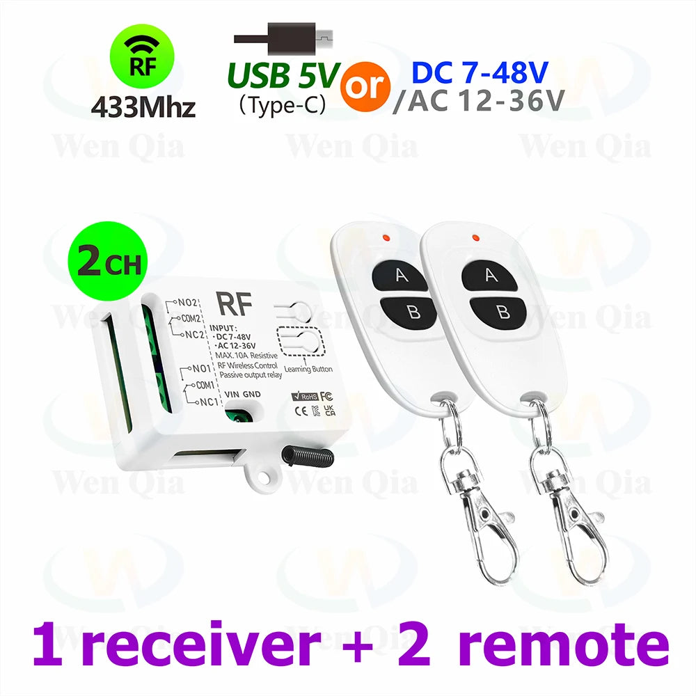 433MHz Wireless Remote Control Switch 2 CH DC 12V 24V 36V 48V Type-C 5V RF Relay Module for Light/Fan/Motor/Garage Door Opener