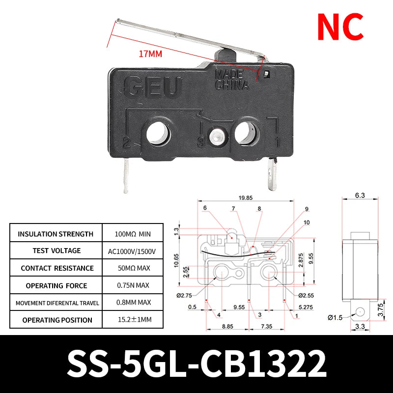 SS-5GL 2/3Pins Micro Limit Switch NO/NC/CHANGEOVER SPDT Snap Action Switch ON/OFF