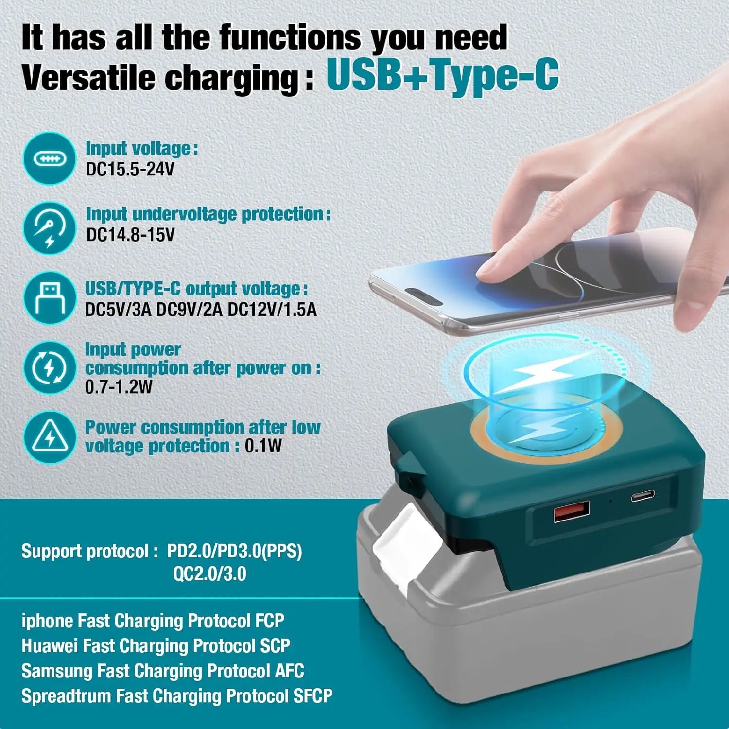Fast Wireless Charger Adapter for Makita/Milwaukee/Dewalt 18V Battery - with Type C & USB Output, Wireless Phone Charger