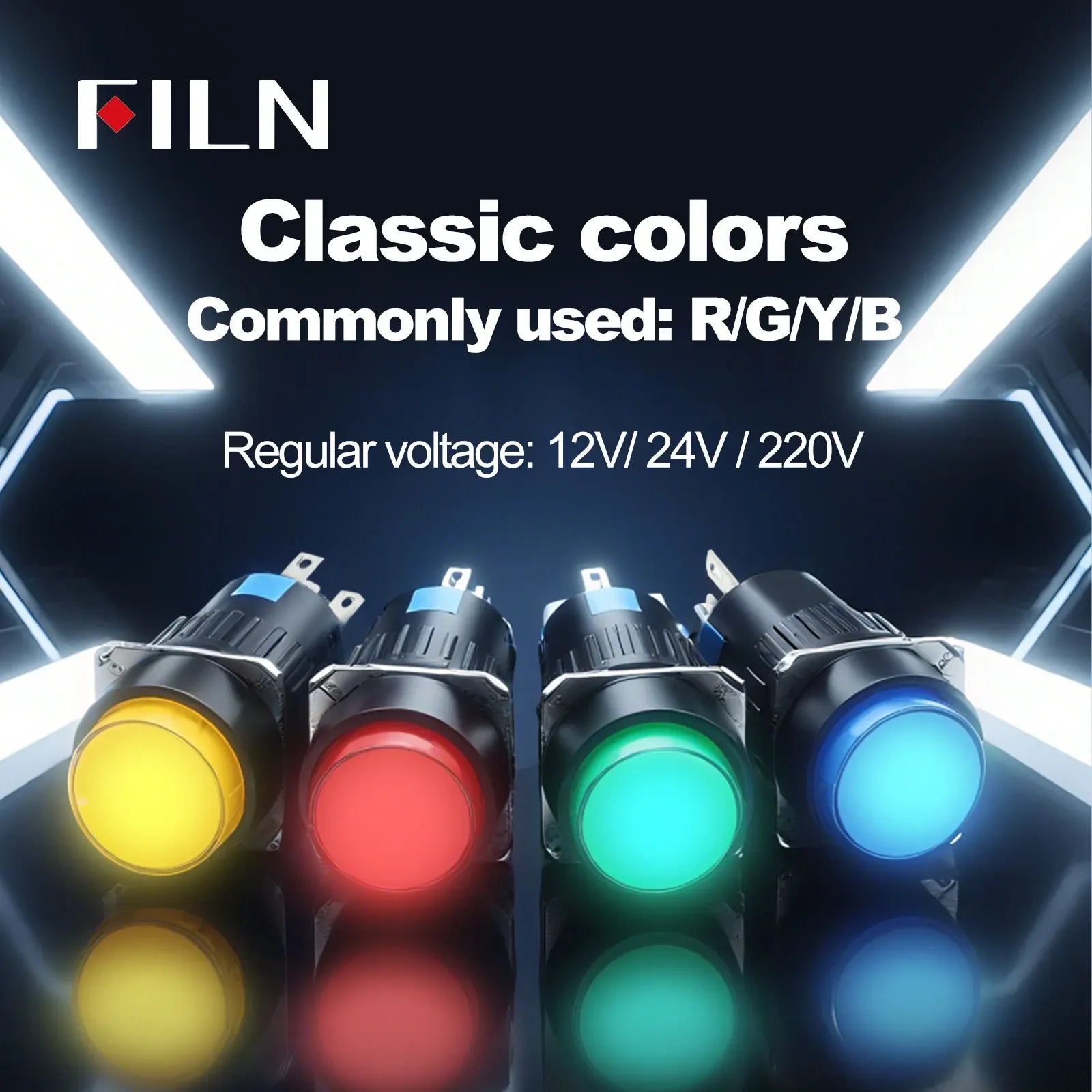 FILN 16mm 5-Unit LED Push Button Switch Momentary Latching Plastic Button 5pins Red Green Blue 12V 24V 220V Industrial Equipment