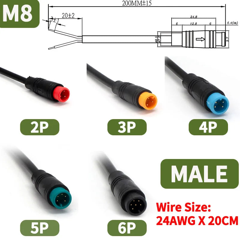 5 Set M6 M8 2 3 4 5 6 Pin Julet Electric Butt Plug Connector Wiring Line Scooter Brake Cable Pluger Signal Sensor 20CM