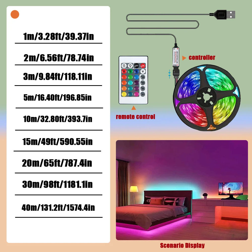 RGB 5050 Strip Light with 24 Key Controller, 1m~40m Led Strip Lights for Bedroom, Kitchen, TV, Holidays (Halloween, Birthday)