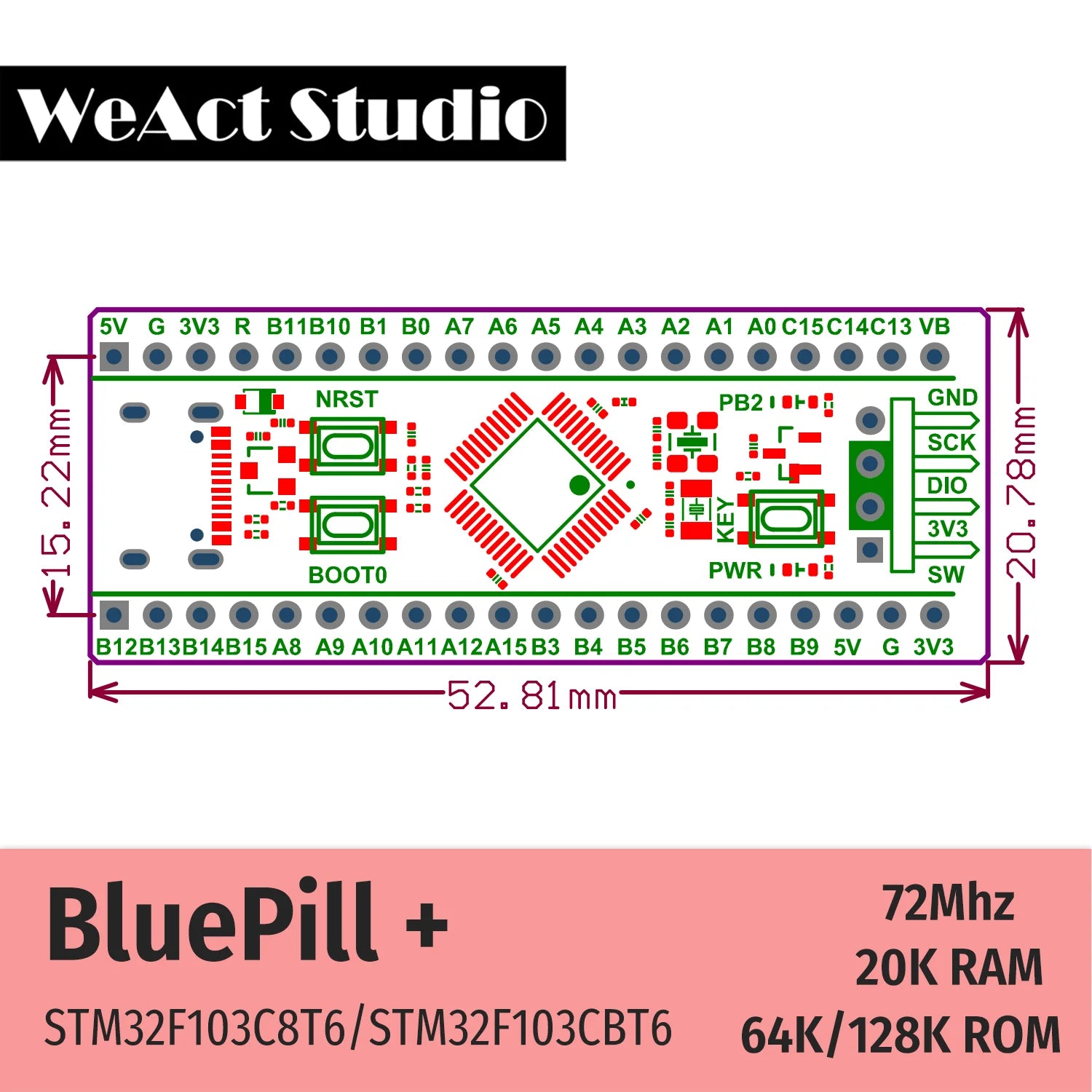 WeAct STM32F103C8T6/CBT6 Bluepill Plus ARM Development Board, STM32F1 Minimum System Module