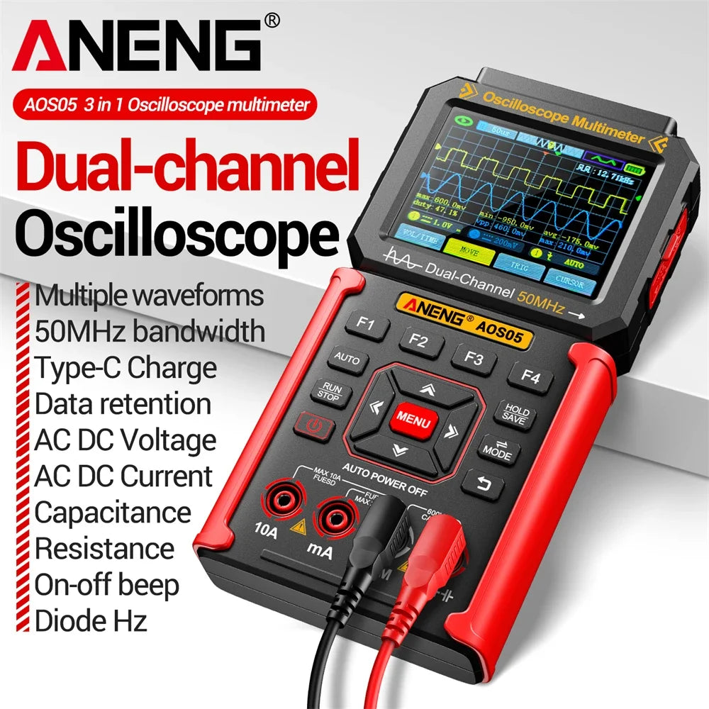 Dual-channel Oscilloscope Rechargeable 50MHz Bandwidth 200MSa/s Sampling Smart Automatic 3-in-1 Detector 25000 Count ANENG AOS05