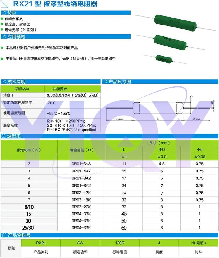 5PCS RX21 Wirewound Resistor 10W 0.05R-47K 0.1R 0.33R 1R 2.2R 3.3R 36R 10K 62R 4.7R 3.3K 4.7K 1K 33K 47K Ohm Power Resistor