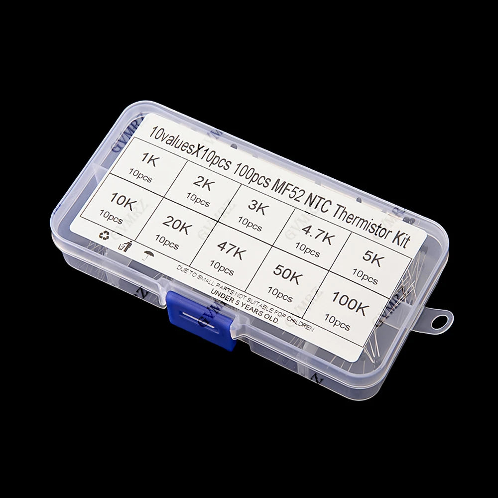 100PCS 10Values*10PCS 50K 100K NTC Thermistor Thermal Resistor Kit MF52 NTC-MF52AT 1K 2K 3K 4.7K 5K 10K 20K 47K 5% 3950B