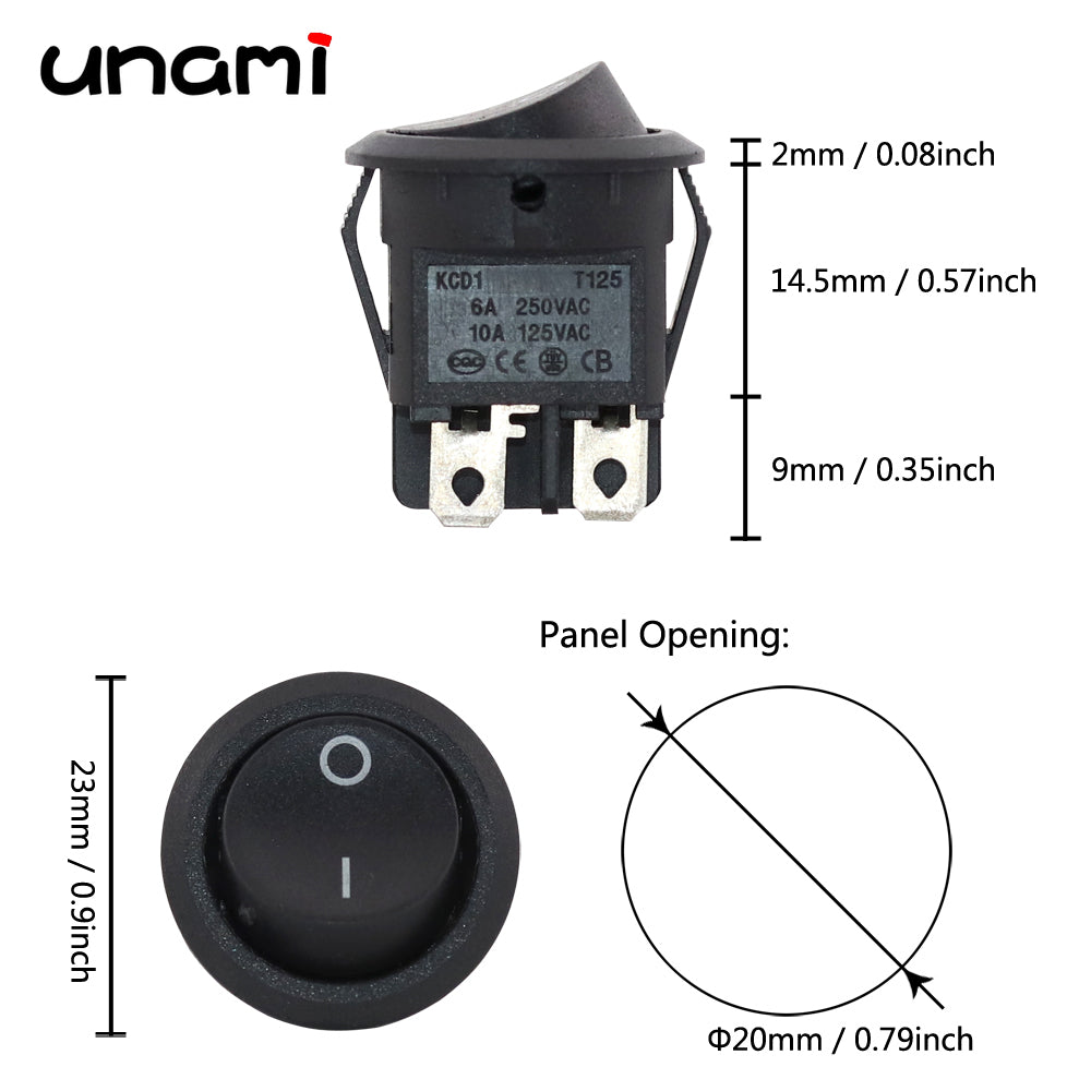 20mm Round Rocker Switch Square Base Black/Red 6A 250V DPDT Power Switches