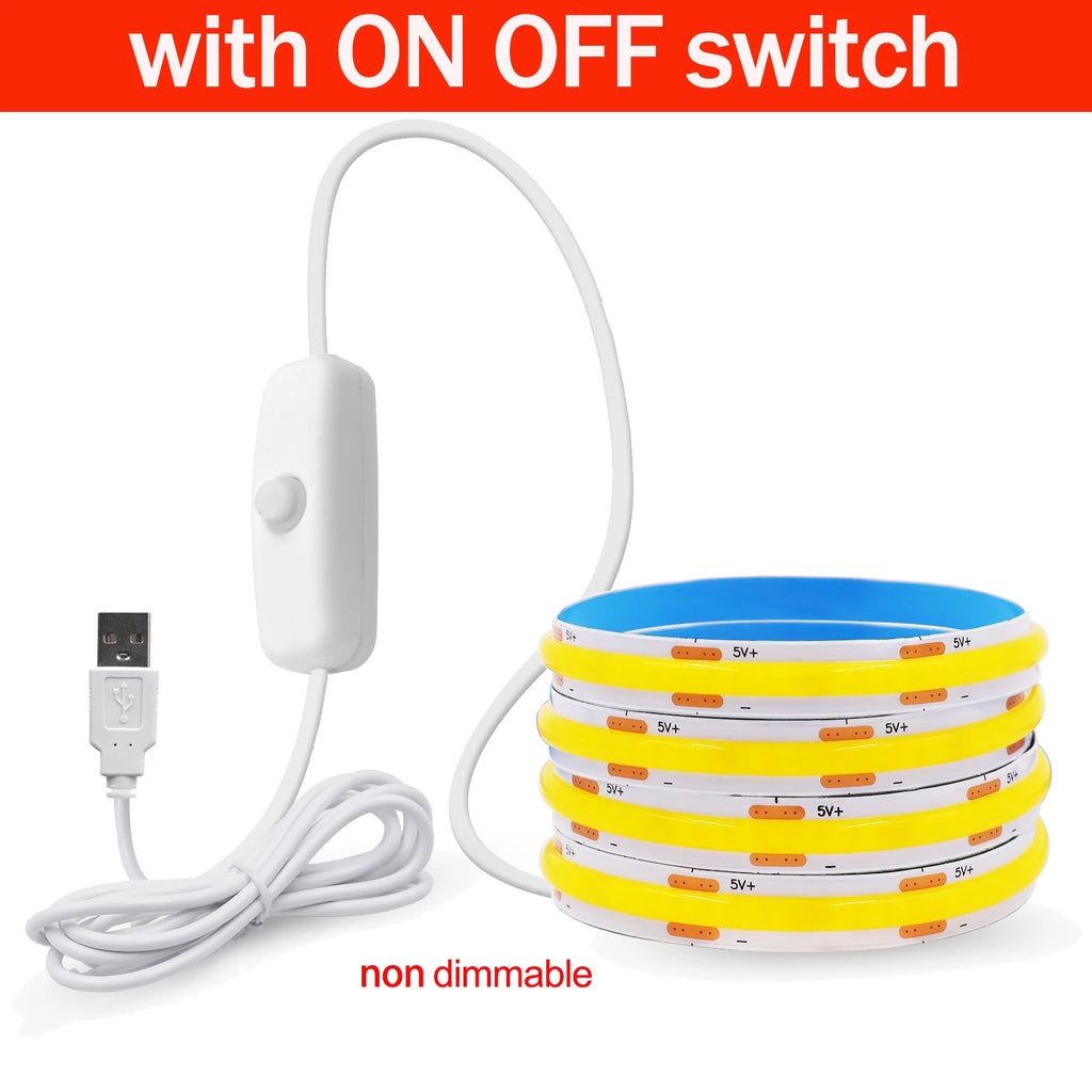 Dimmable COB LED Strip Light 5V USB Flexible LED Tape with ON OFF Switch 320LEDs High Density Linear Lighting with Adhesive Tape