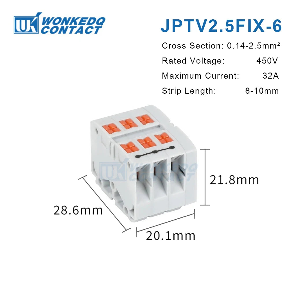Din Rail Distribution Block PTVFIX Series Push-in Side-entry Terminal Block 2.5 mm² Cable Connector 6/7/12/13/18/19 Connections