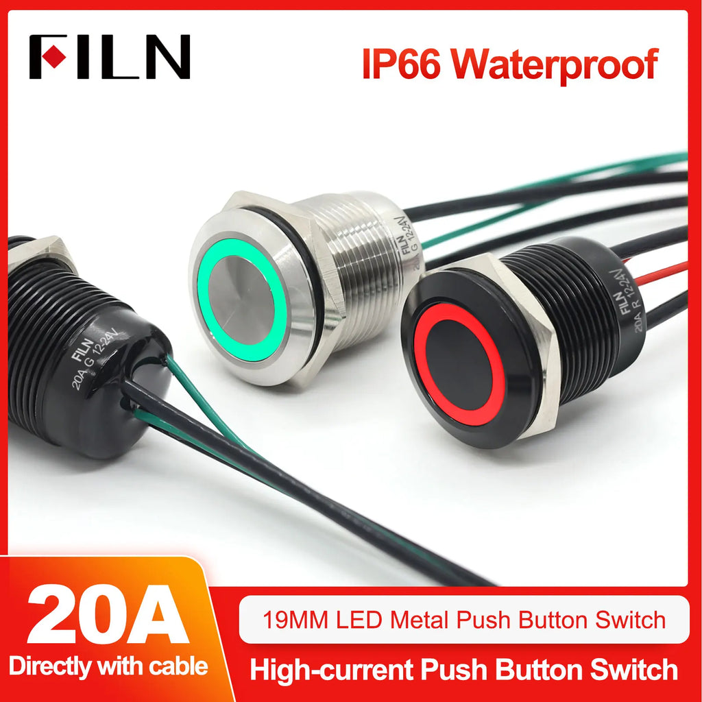 FILN 19MM 20A 12V 24V 110V 220V LATCHING MOMENTARY Flat Ring Round Push Button Switch IP66 Metal Stainless Steel  with 20cm Wire