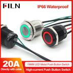 FILN 19MM 20A 12V 24V 110V 220V LATCHING MOMENTARY Flat Ring Round Push Button Switch IP66 Metal Stainless Steel  with 20cm Wire