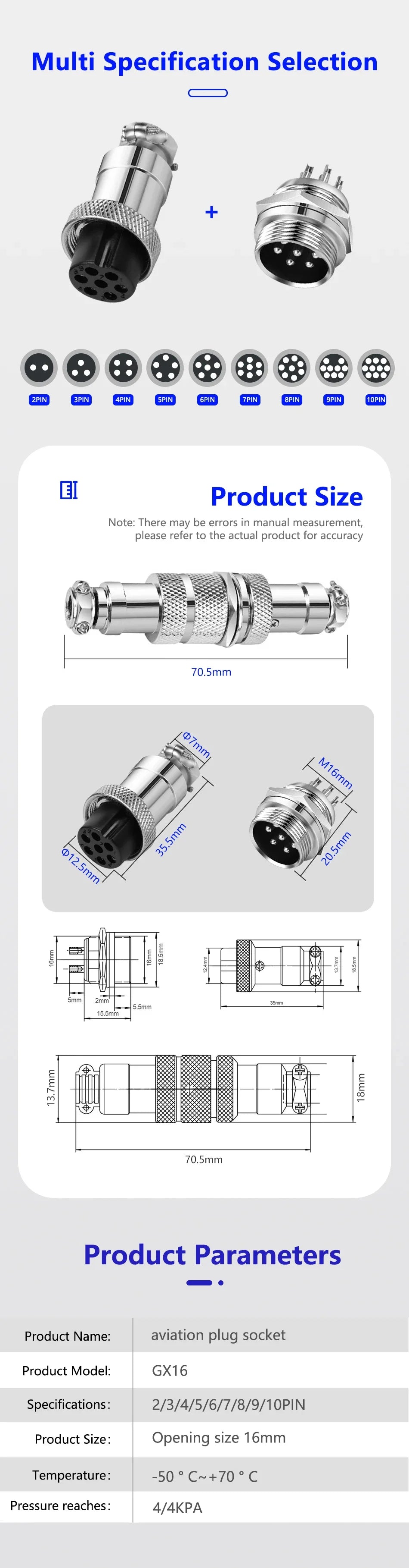 5PCS Docking Connector GX16 Aviation Plug Male Female 16mm 2/3/4/5/6/7/8/9/10 Pin Socket Circular Aviation Connector