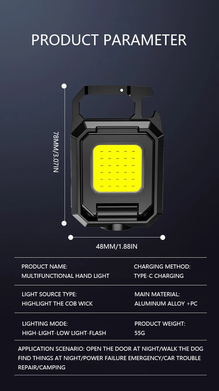 Keychain Light Mini Multifunctional Camping Flashlight USB Rechargeable LED Portable Bright COB Pocket Clip Lantern Outdoor Work