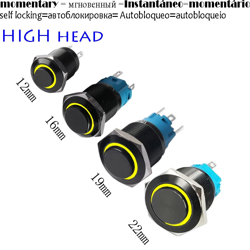 High Head 12/16/19/22mm Black Shell Car Dashboard Waterproof Metal Button Switch LED 12V/24V/220V Self-locking Fixed Momentary