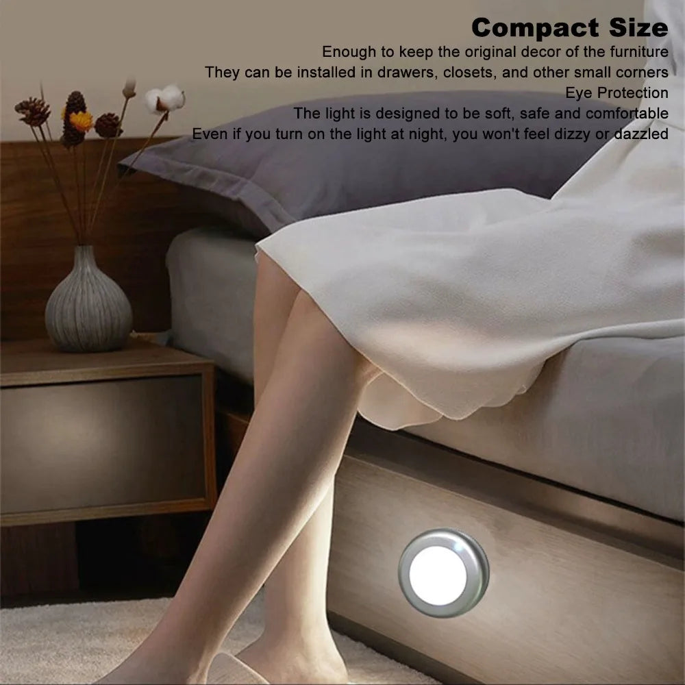 2 Pack Energy Saving Motion Sensor Night Light Battery Powered Small LED Induction Lamp White Light Round Sensing Lamp Drawer