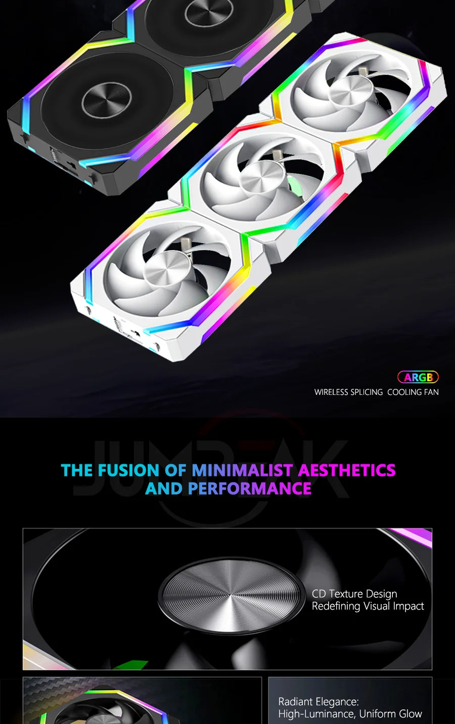 JUMPEAK CS120 ARGB Cooling Fan 360mm 240mm Modular Stackable Splicing Silent 120mm RGB Fans Kit For Gaming PC Case Water Cooler