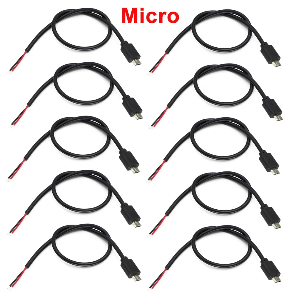  10Pcs Micro USB Male Plug 2 Pin Bare Wire Open End Power Cable Connector Pigtail Cord DIY Repair Power Charging Cable 22AWG