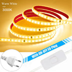 120LED/m LED Strip Light 220v Flexible&10cm Cuttable Soft Lamp Bar 2835 Tape Adhesive EU Plug Vanity Cabinet Wardrobe Home Decor