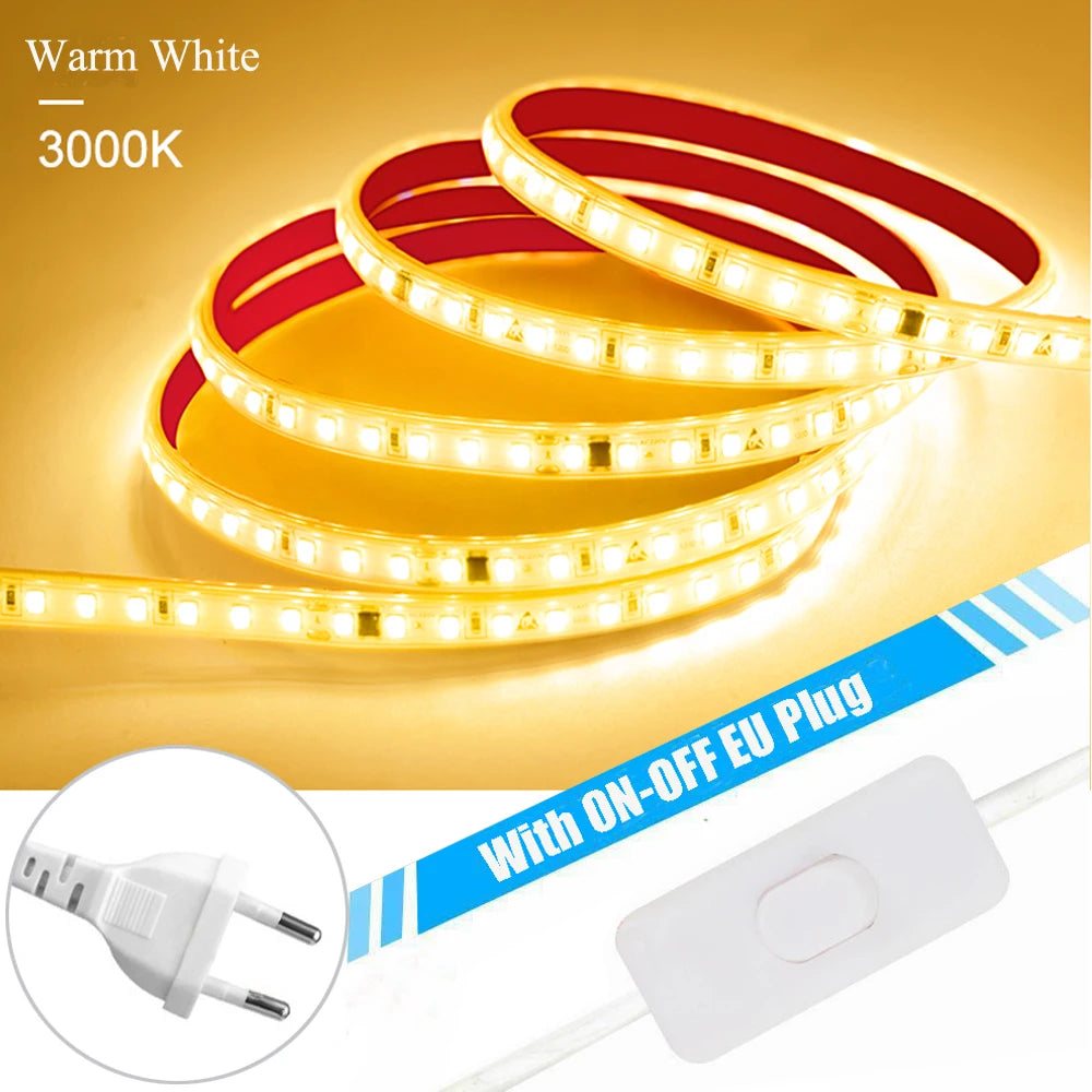 120LED/m LED Strip Light 220v Flexible&10cm Cuttable Soft Lamp Bar 2835 Tape Adhesive EU Plug Vanity Cabinet Wardrobe Home Decor
