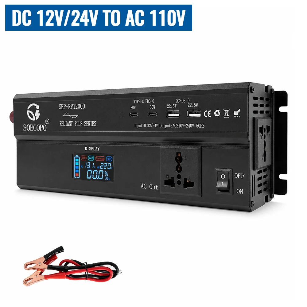 SOECOPO Power Inverter 12000W Peak 12V/24V/48V/60V/72V to 110V 220V Converter 2×PD3.0 Type-C & QC3.0 USB for RV Camping Off-Grid